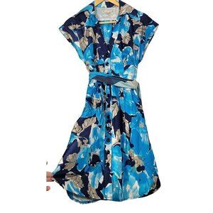 Nanette Lepore Women's 100% Silk Full Button Shirt Dress Blue Florals Size 4